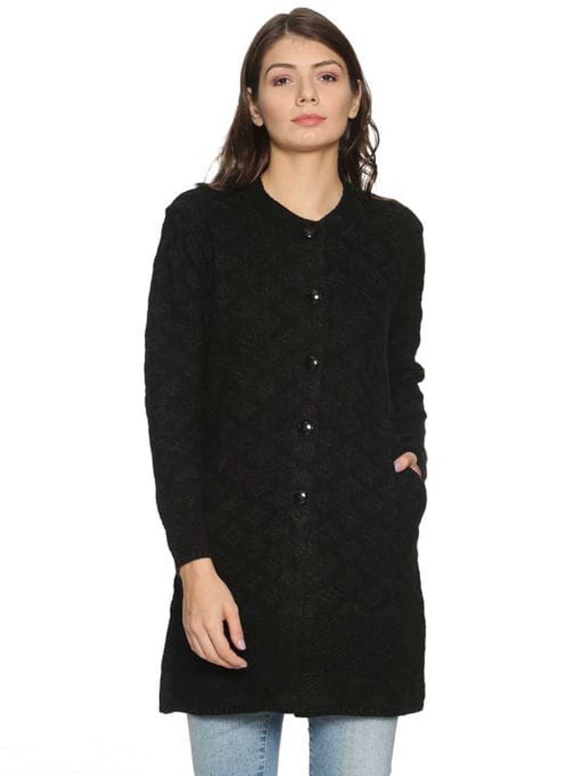 Women's Black Self Design Front-Open Sweater