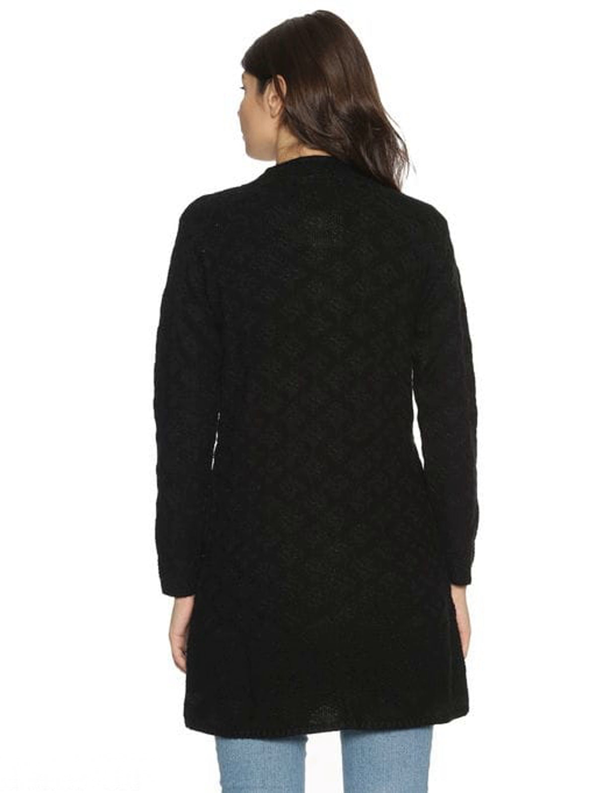 Women's Black Self Design Front-Open Sweater