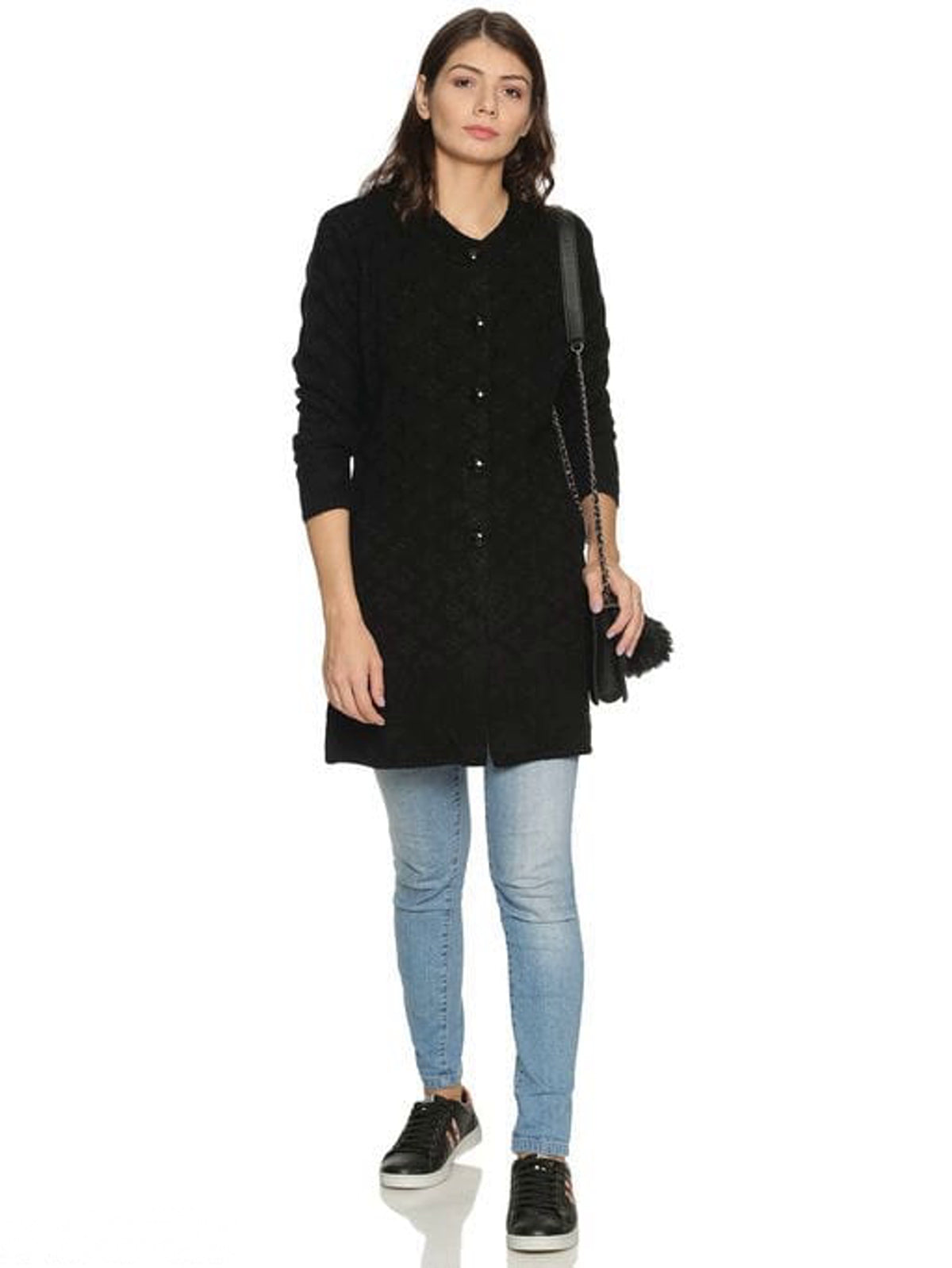 Women's Black Self Design Front-Open Sweater