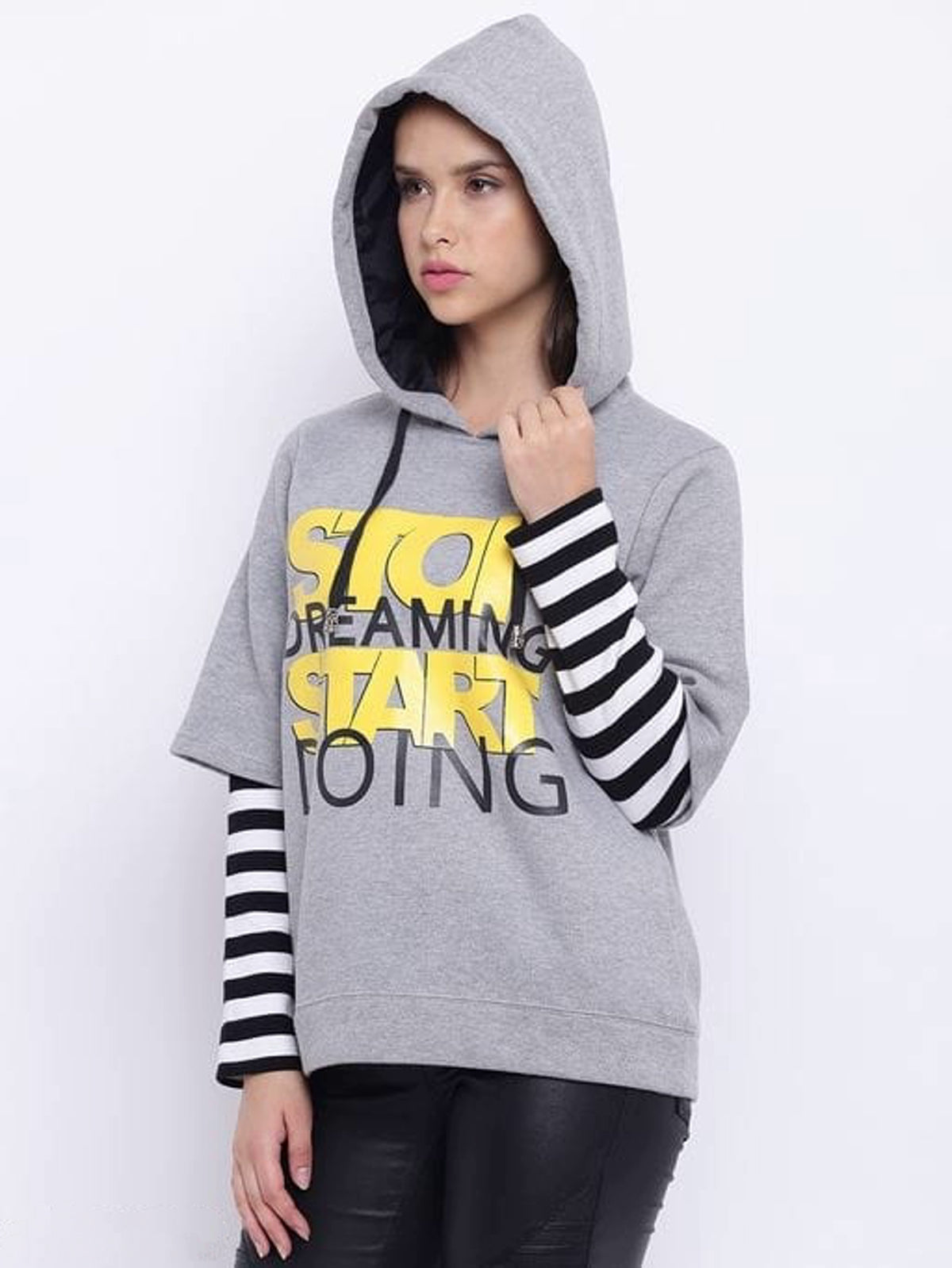 Women Gray Printed Hooded Sweatshirt