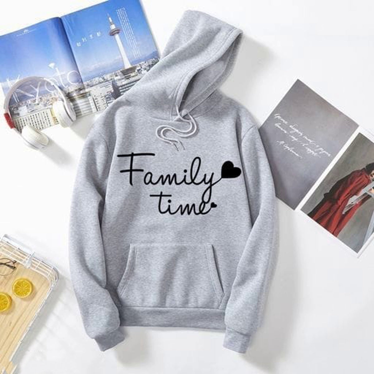 Women's Gray Solid Hooded Sweatshirt