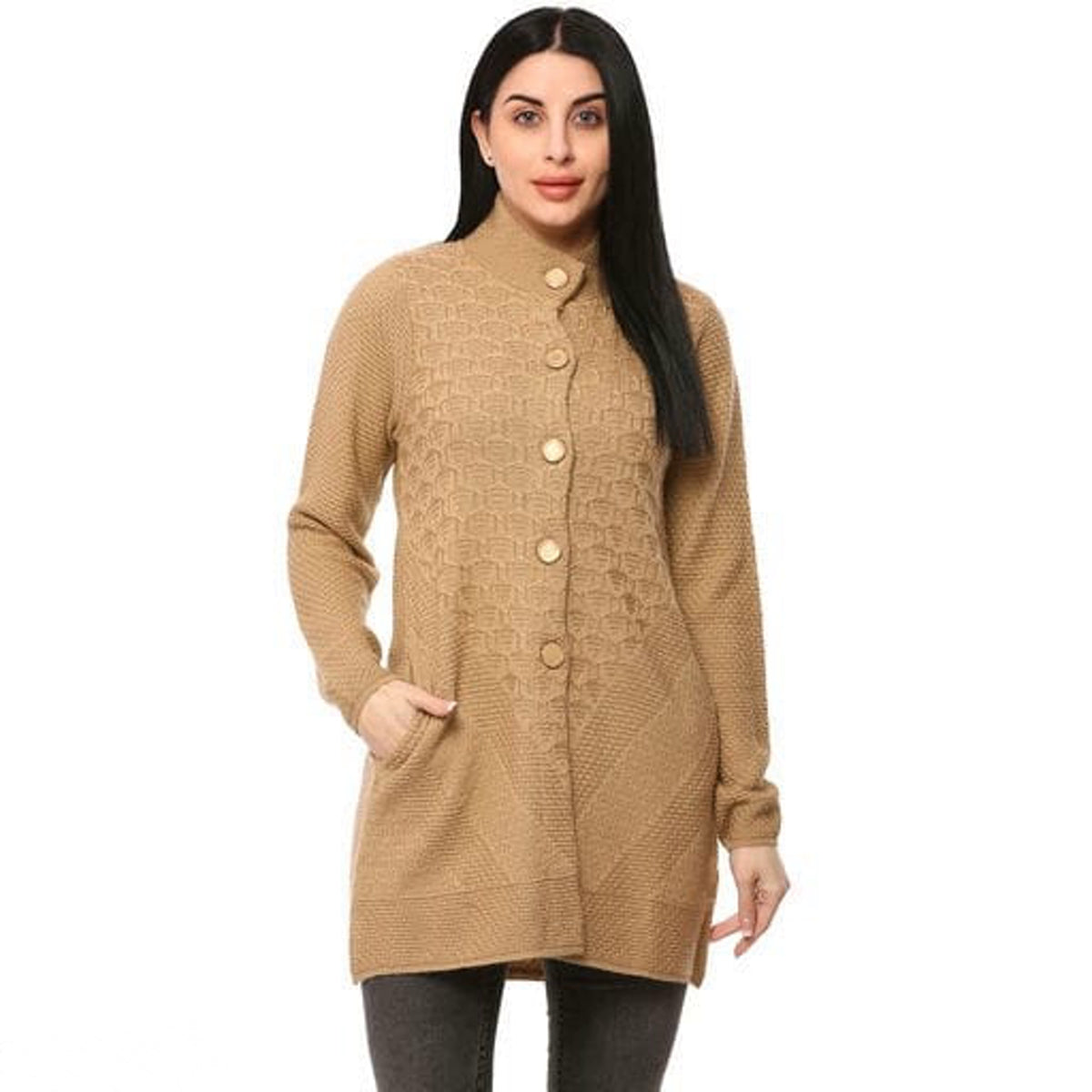 Women's Beige Self Design Sweater