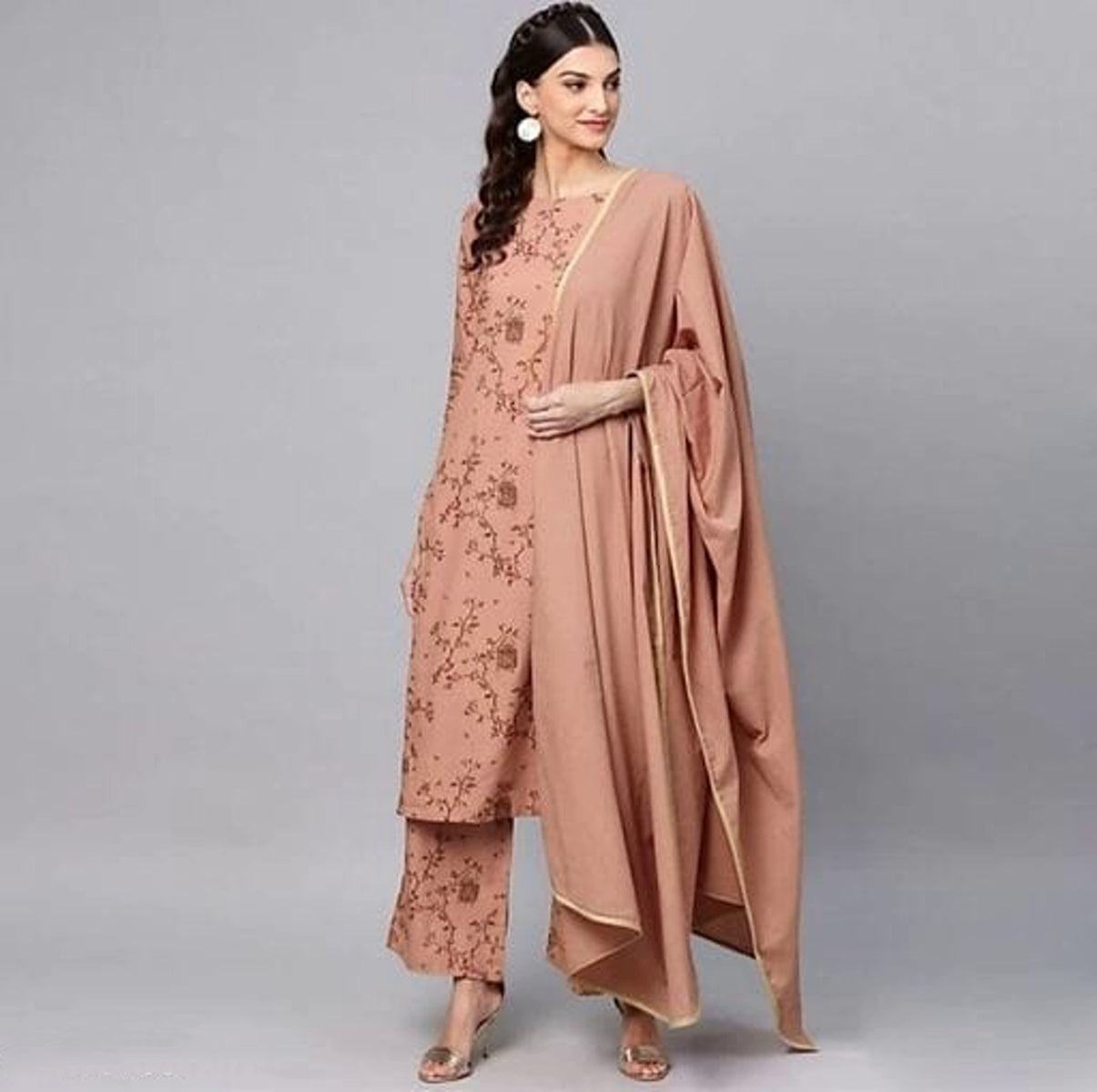 Women's Beige Printed Kurta with Palazzos & Dupatta