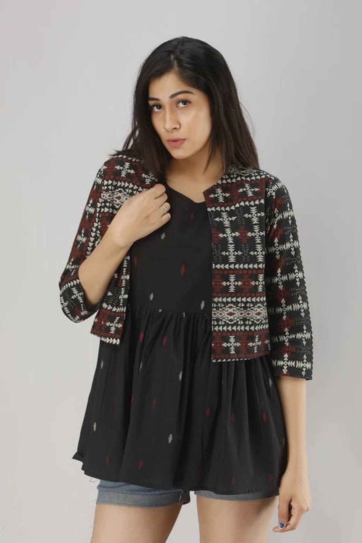 Women Black Printed Top with Jacket