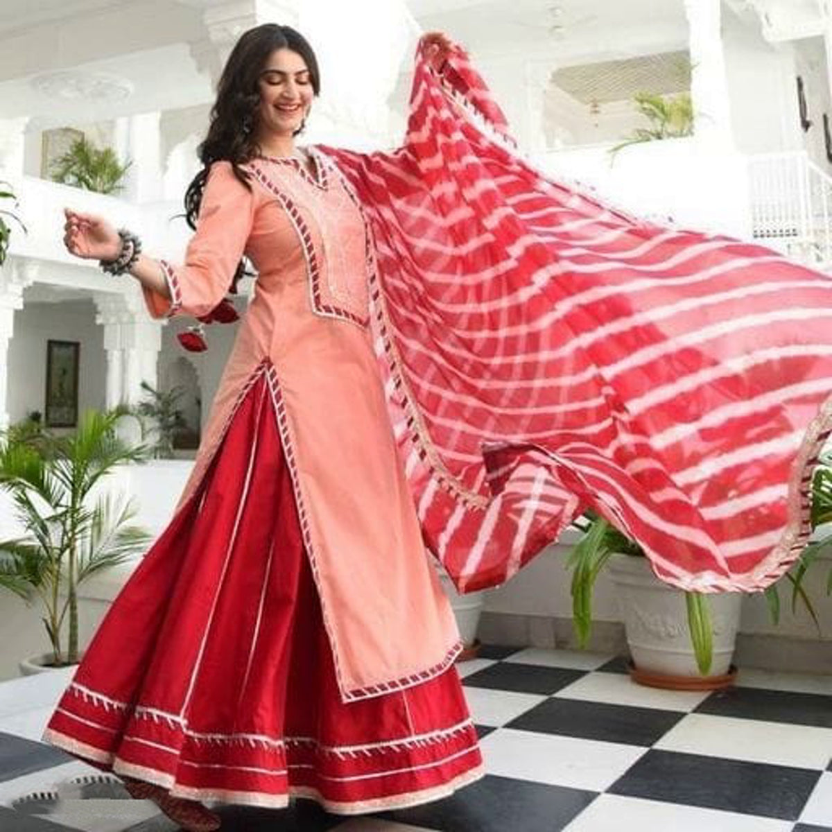 Women Peach and Red Gotta Work Kurta Set