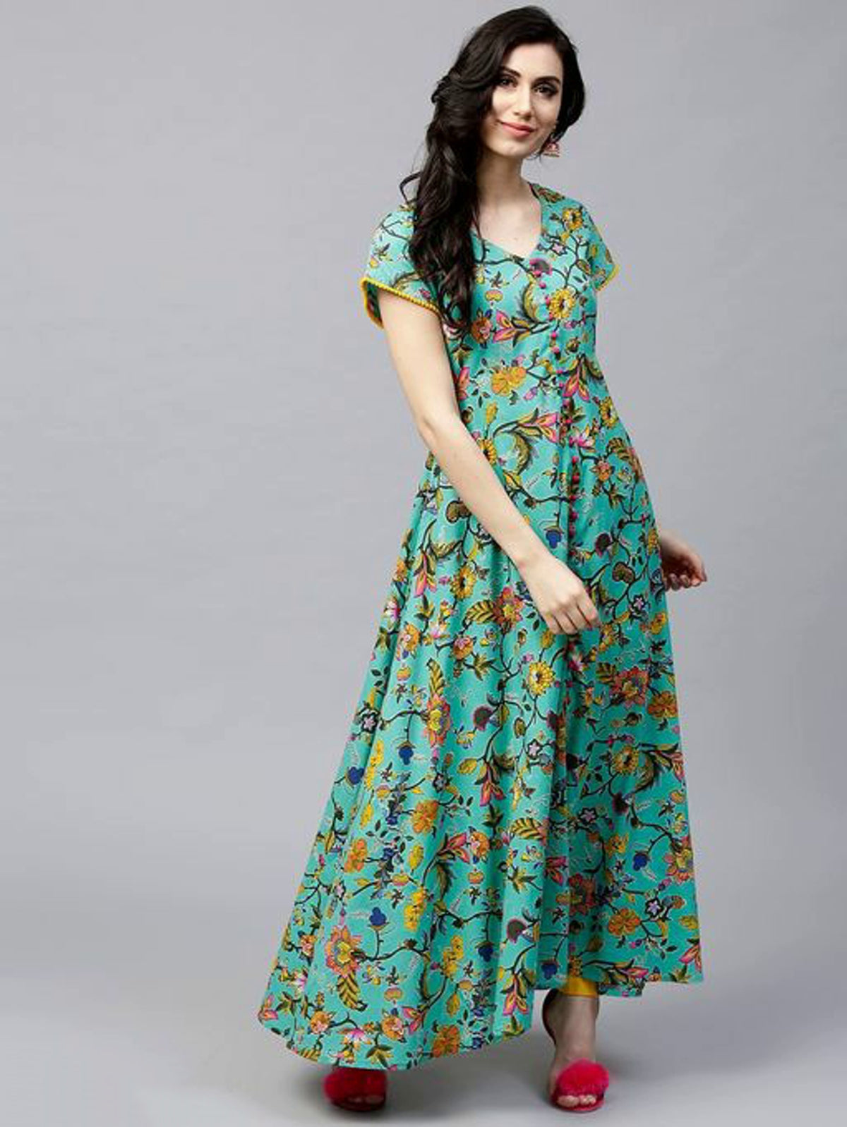 Tropical Green and Yellow Floral Printed Anarkali