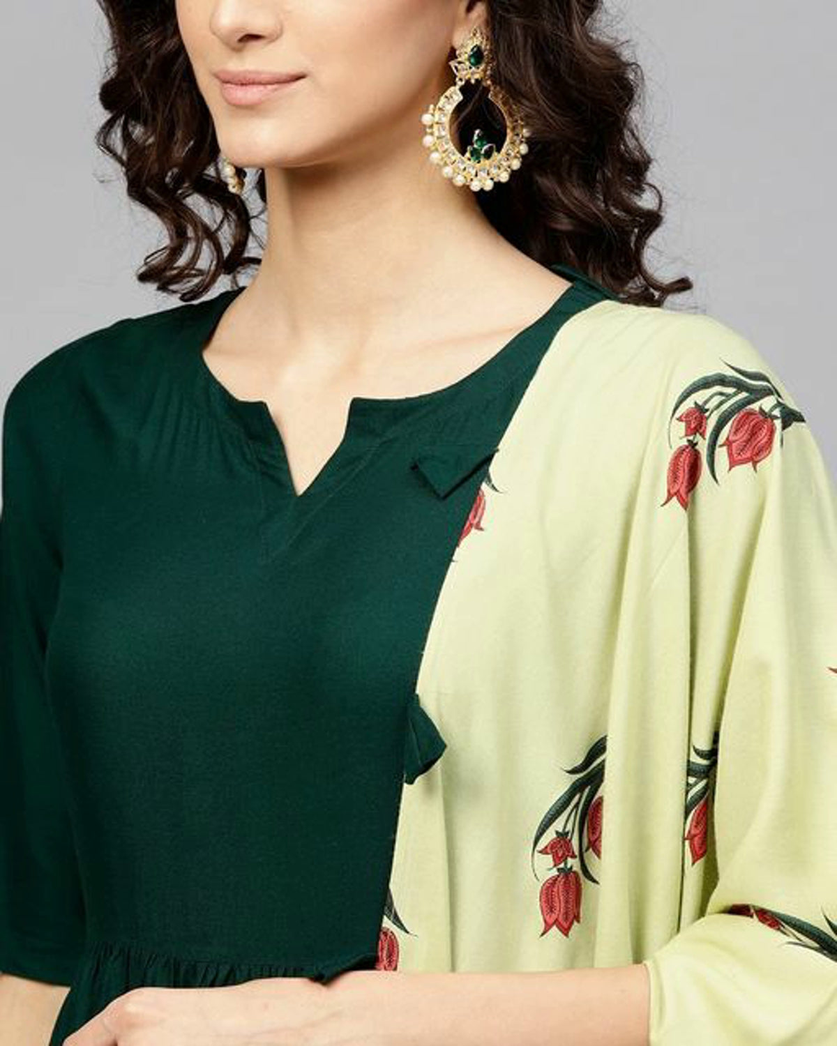 Women Bottle Green Solid Anarkali Kurta Set with Contrasting Dupatta