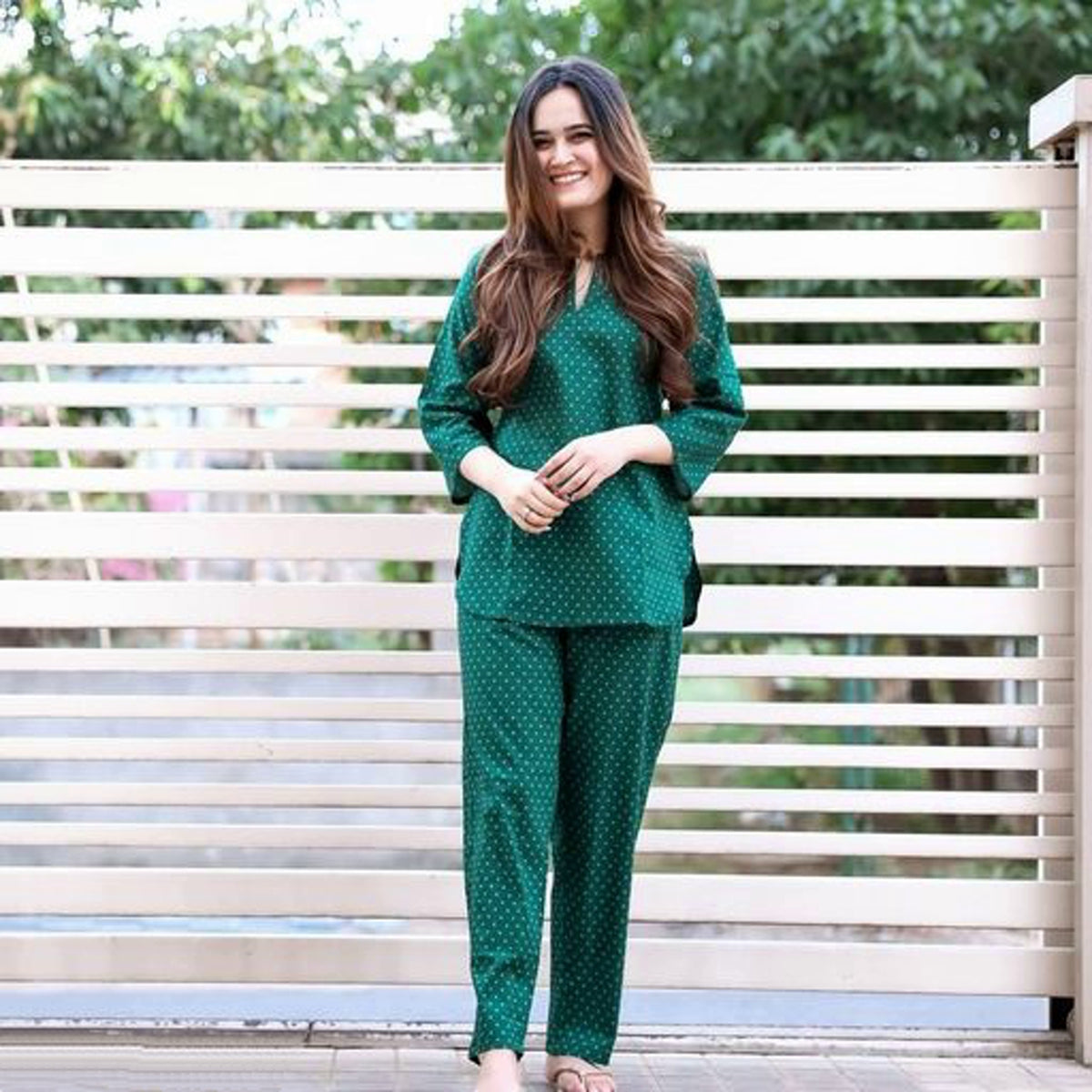 Women Bottle Green Printed Lounge Wear