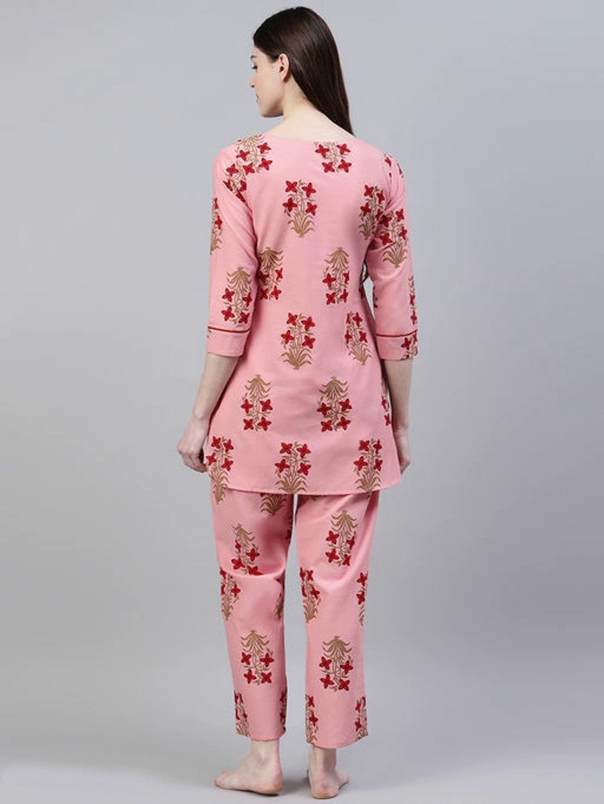 Women's Peach Floral Printed Viscose Cotton Lounge Wear