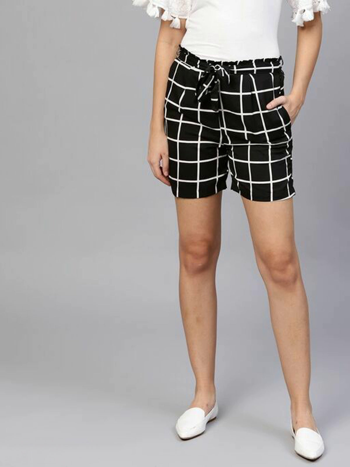 Women Black Plaid Regular Fit Crepe Shorts