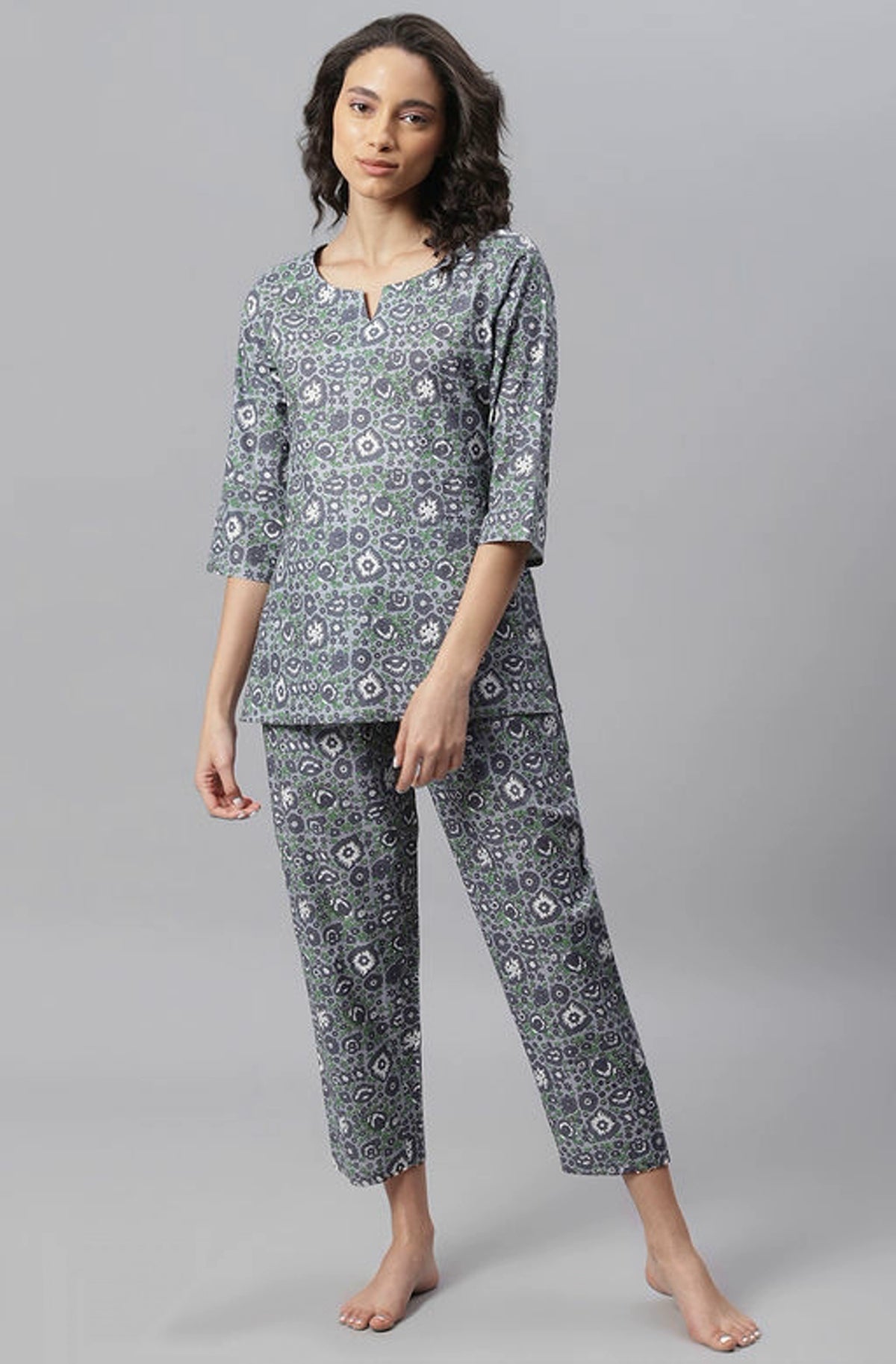 Women's Gray Printed Cotton Lounge Wear Set