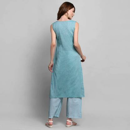 Women's Sleeveless Blue Solid Cotton Kurta
