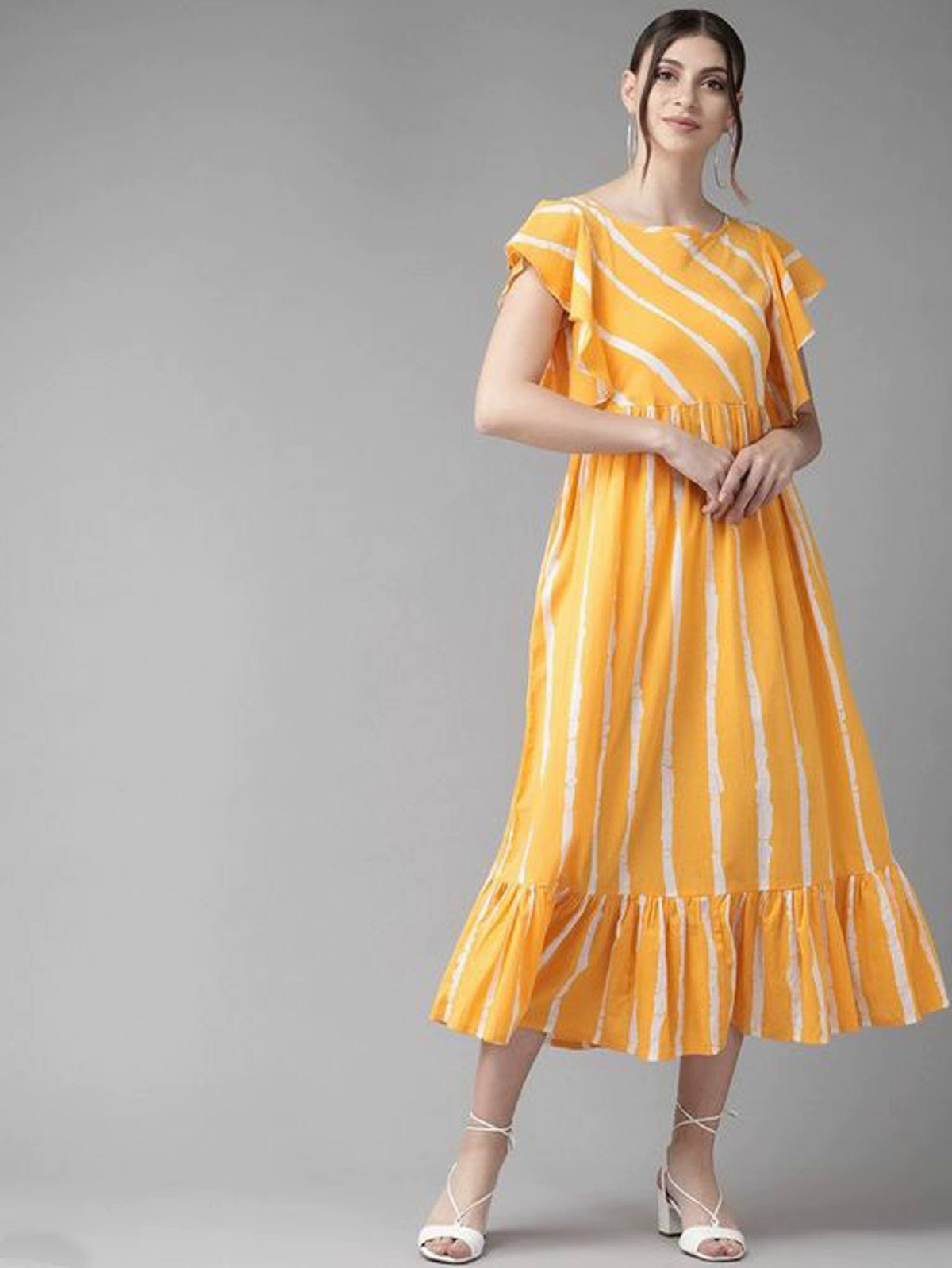 Women's Striped Mustard Fit & Flare Dress