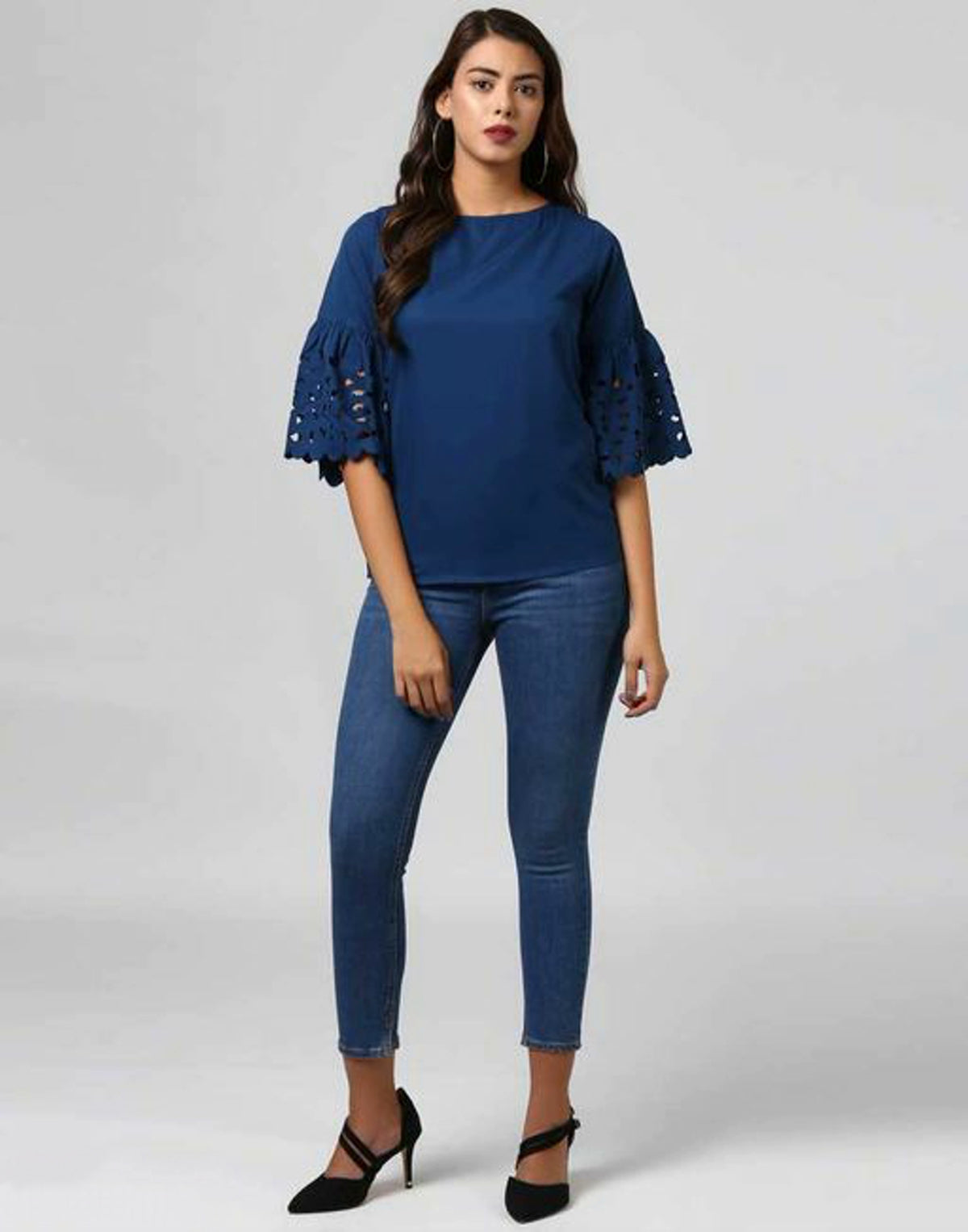 Women's Poly Crepe Navy Blue Soild Top