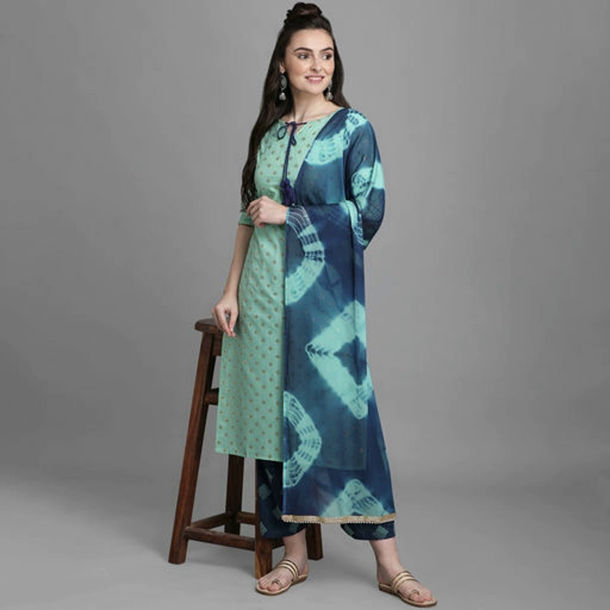 Women's Sea Green Cotton Printed Kurta Set with Bandhani Dupatta