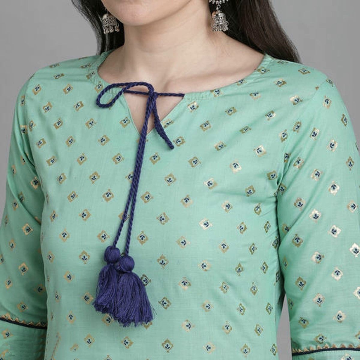 Women's Sea Green Cotton Printed Kurta Set with Bandhani Dupatta