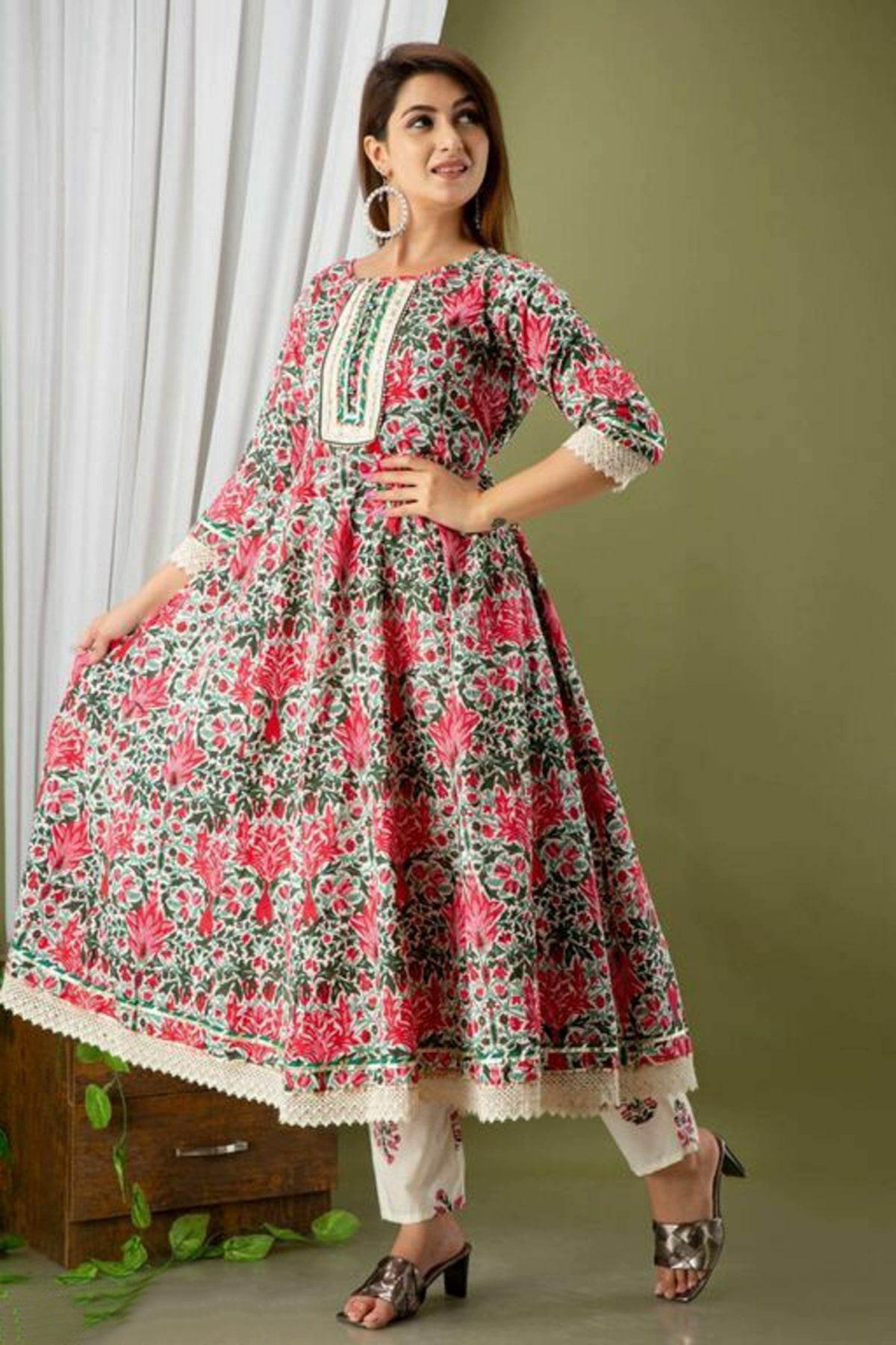 Women's A Line Printed Cotton Set with Dupatta
