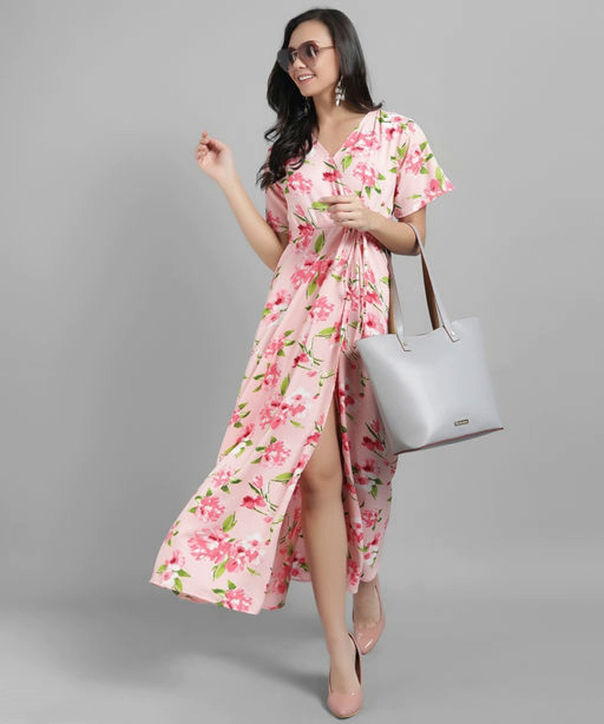 Women Pink Printed Floral Wrap Dress