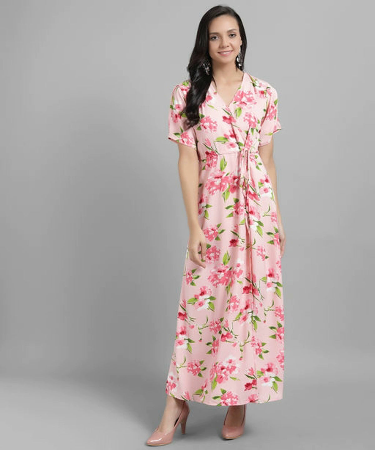 Women Pink Printed Floral Wrap Dress