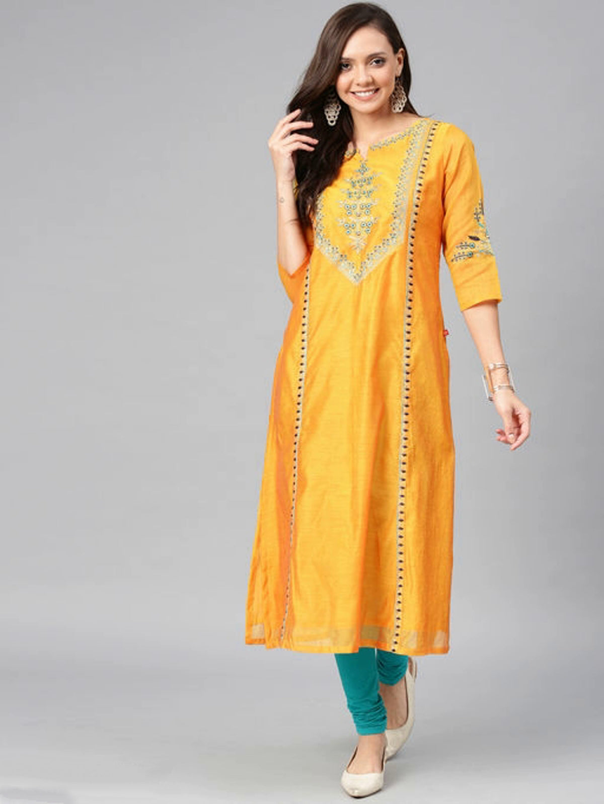 Women's Sunshine Yellow Embroidered Silk Kurta