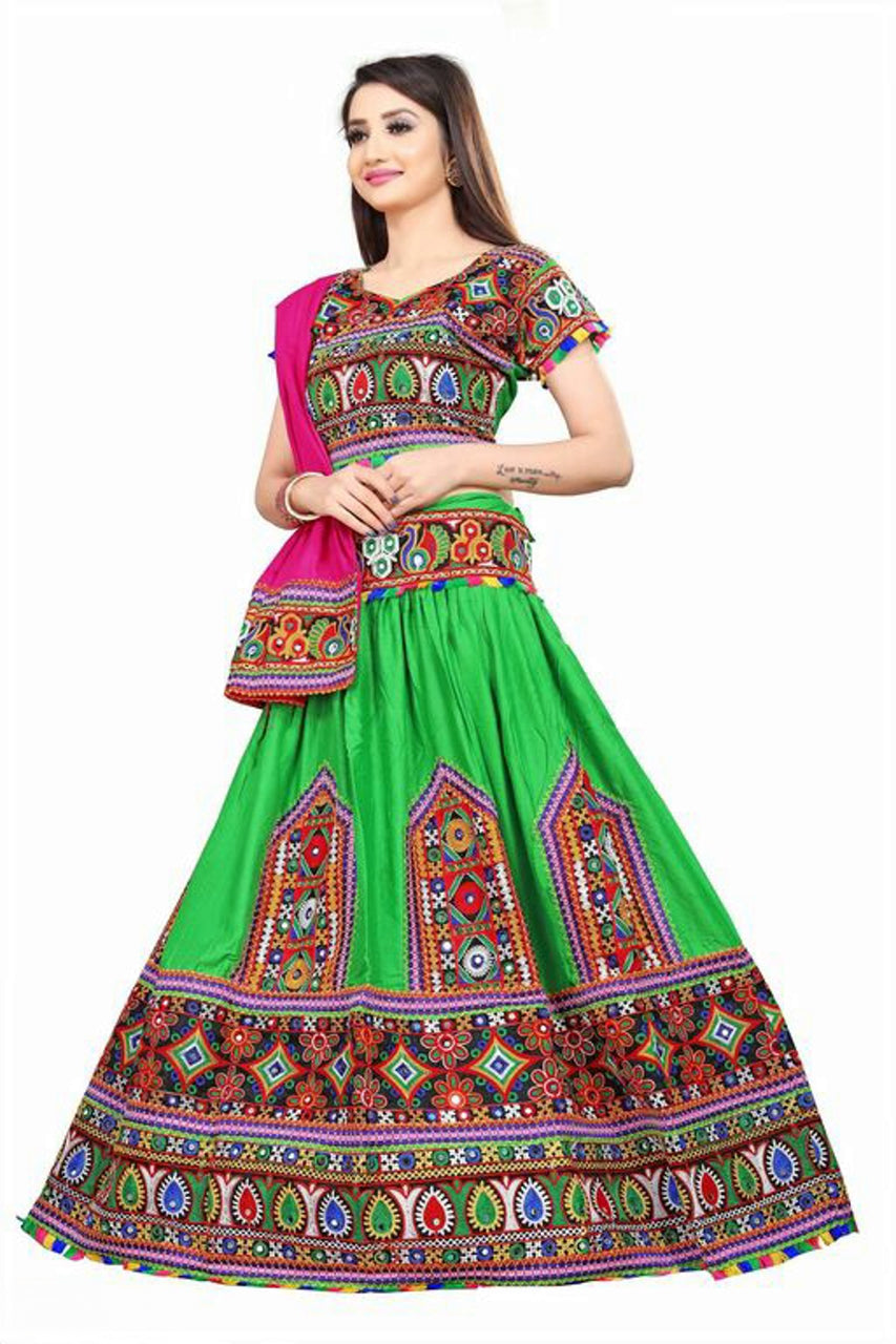 Women's Navratri Green Chanaya Choli with Pink Dupatta