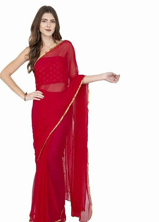 Red Pure Chiffon Karva Chauth Saree