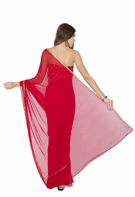 Red Pure Chiffon Karva Chauth Saree