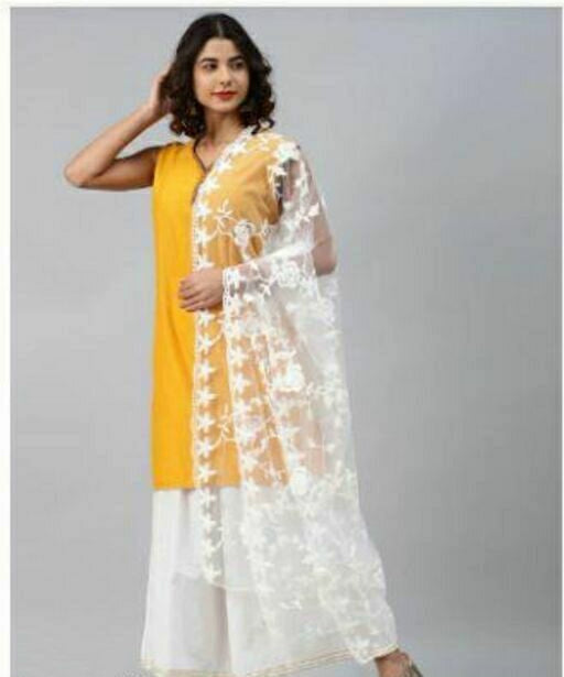 Ehtnic Embroidered Heavy Net White Dupatta