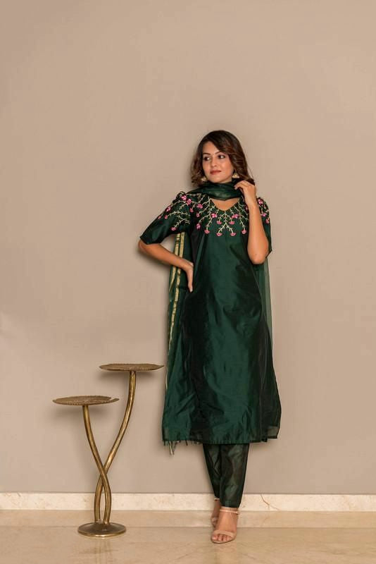 Bottle Green Chanderi Embroidered Kurta Sets