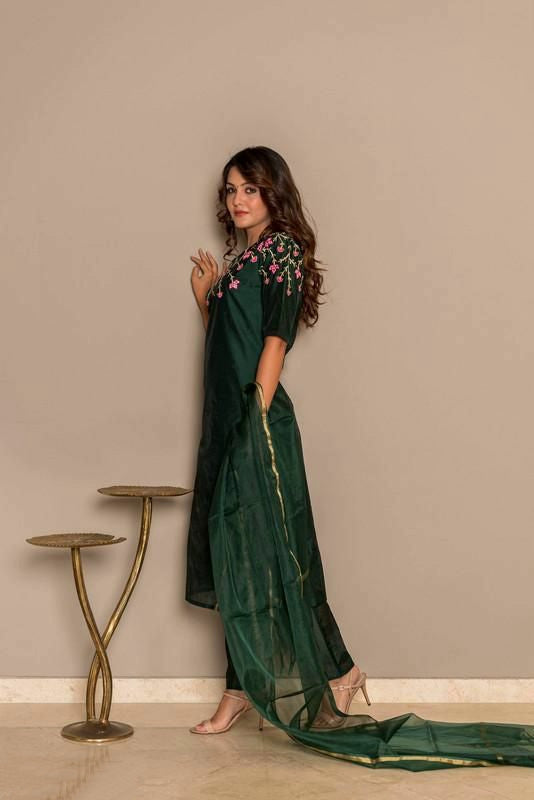 Bottle Green Chanderi Embroidered Kurta Sets