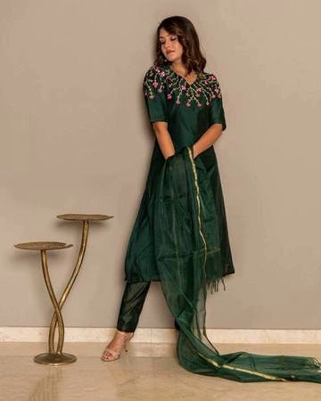 Bottle Green Chanderi Embroidered Kurta Sets