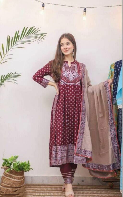 Women Maroon Anarkali Kurta with Trousers & Dupatta