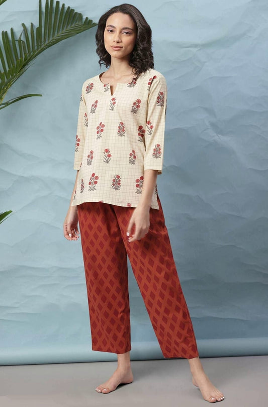Women's Beige and Brown Floral Lounge Wear