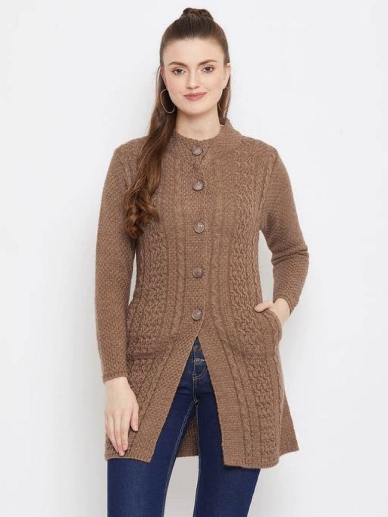 Women Brown Solid Knitted Cardigan