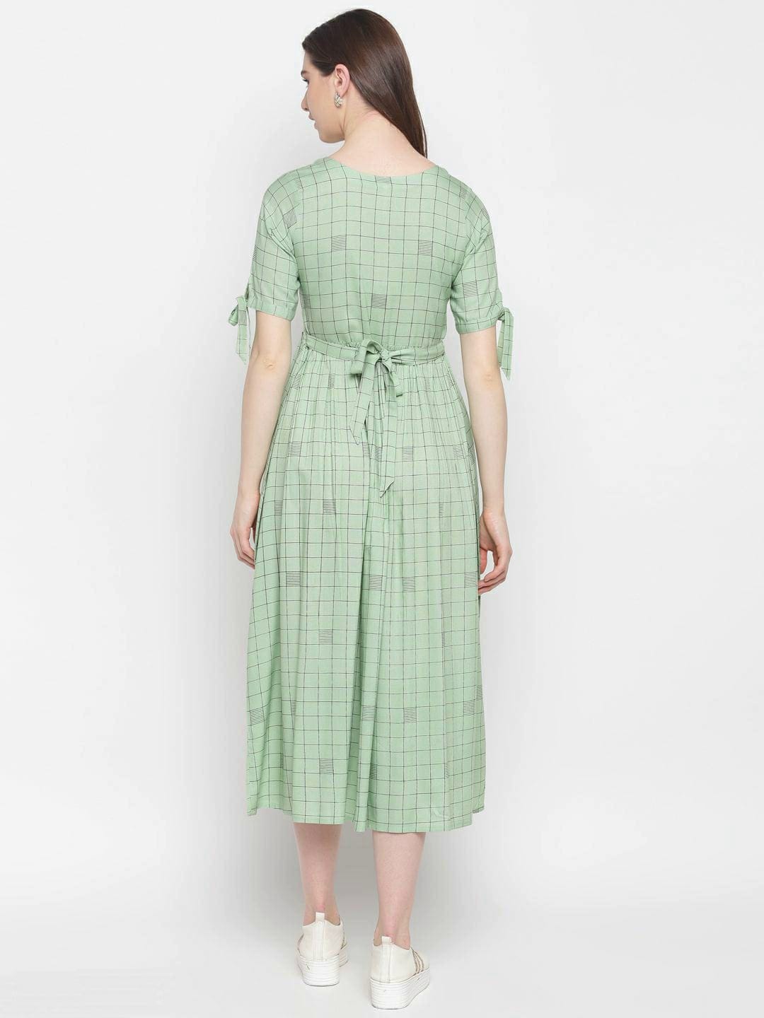 Pistachio Green Coloured Chequered Print Midi Fit Dress