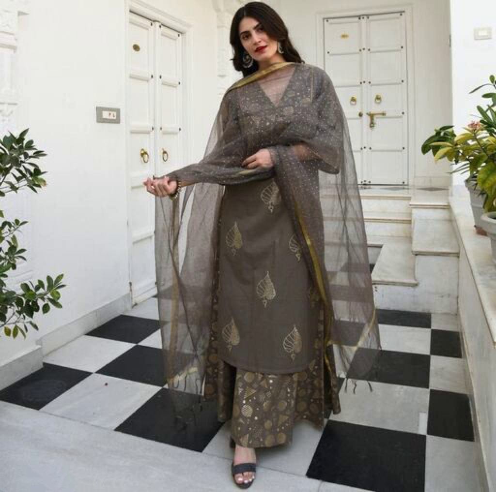 Women Royal Gray Palazzo Set with Dupatta
