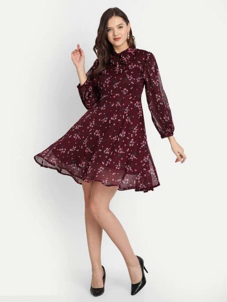 Maroon Puff Sleeved Printed Mini Fit and Flare Dress