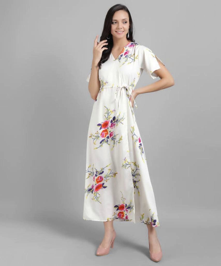Women White Printed Floral Wrap Dress