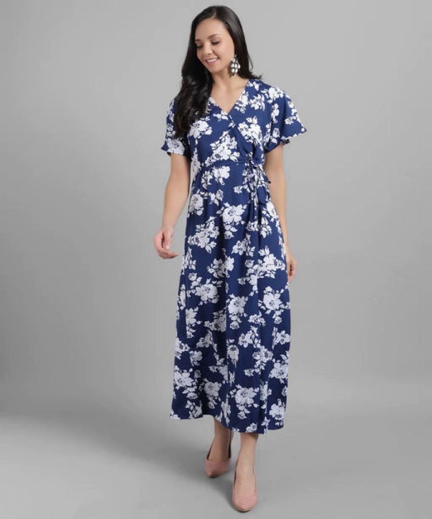 Women Blue Printed Floral Wrap Dress