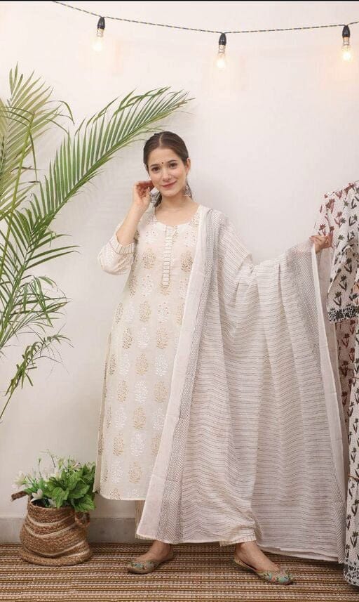 Women's Printed Cotton White Kurta Set with Trouser and Dupatta