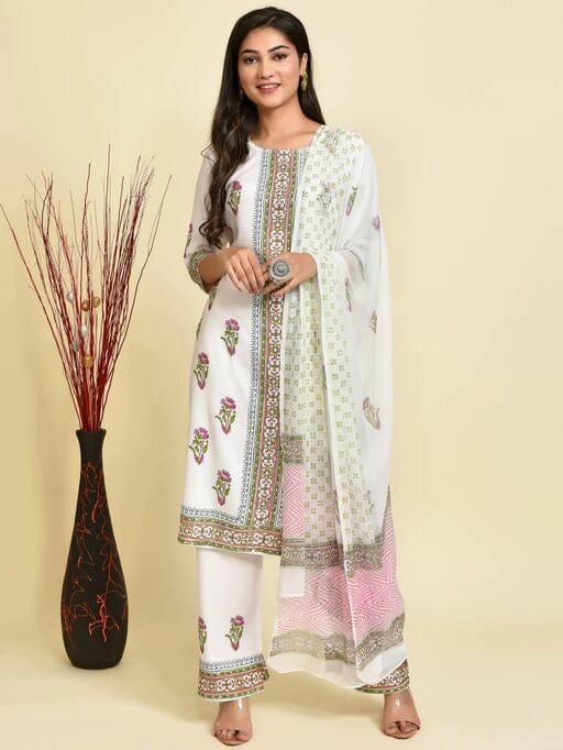Women's White Coloured Printed Kurta Set with Palazzos and Dupatta
