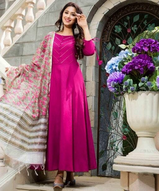 Women Pink Anarkali Kurta Set with Contrasting Silk Dupatta