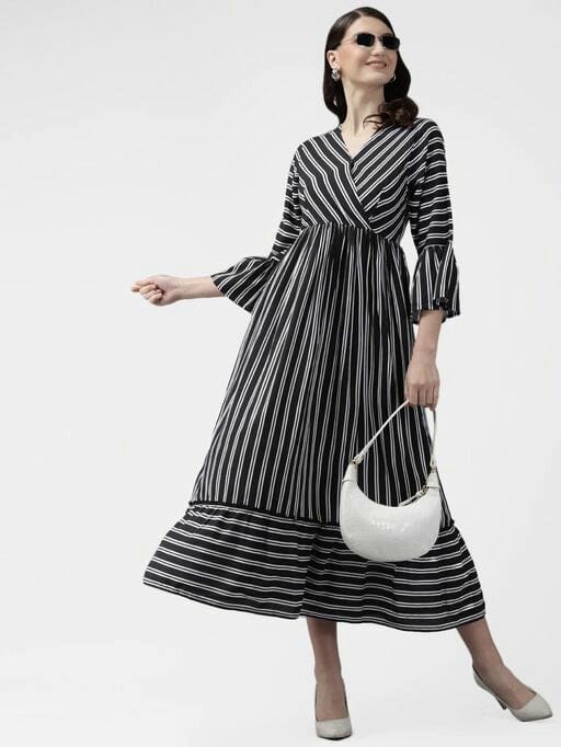 Women Striped Black & White Printed Midi Dress