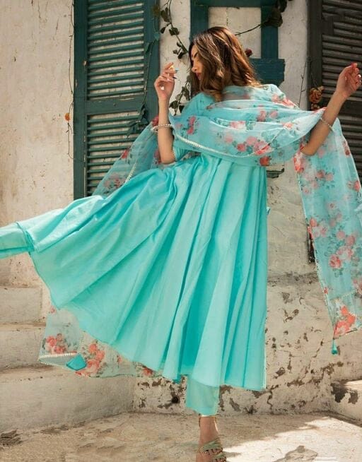 Women Aqua Anarkali Kurta Set with Contrasting Dupatta