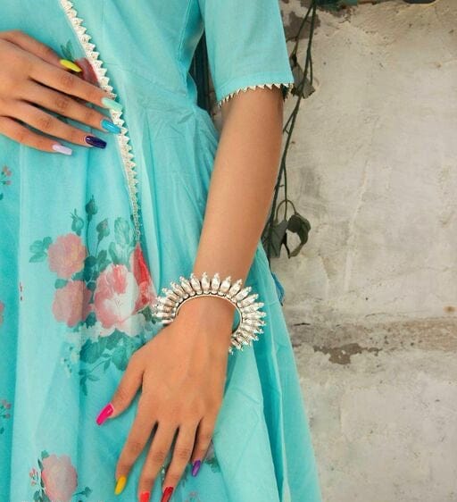 Women Aqua Anarkali Kurta Set with Contrasting Dupatta