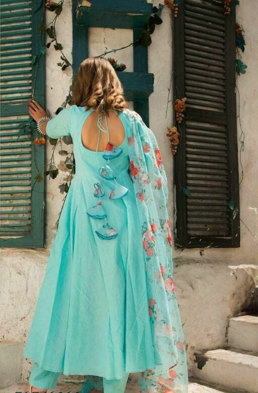 Women Aqua Anarkali Kurta Set with Contrasting Dupatta