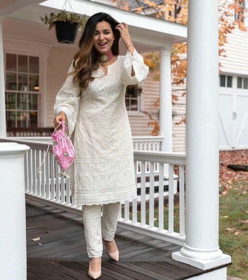 Women's Off White Embroidered Cotton Kurta Set with Trousers