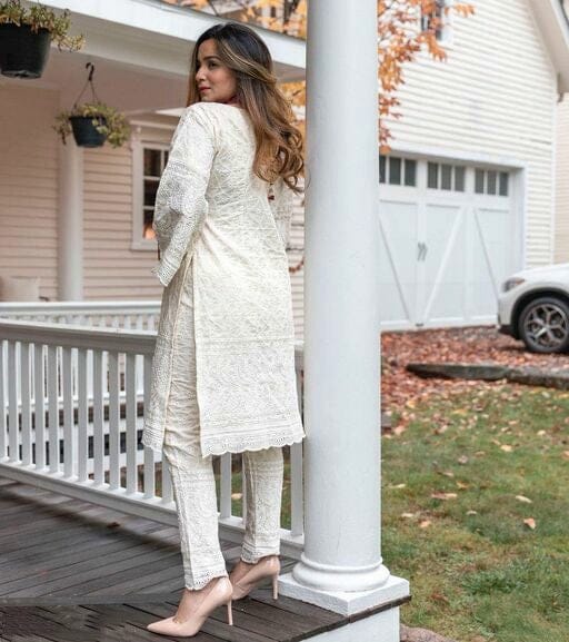 Women's Off White Embroidered Cotton Kurta Set with Trousers