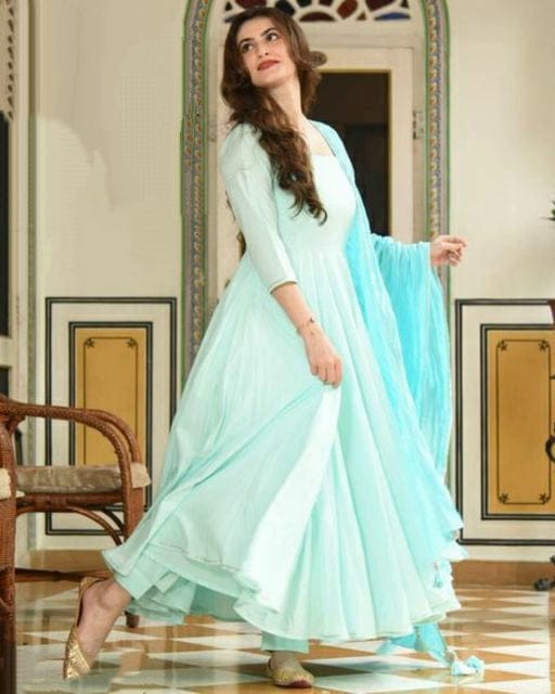 Women Aqua Anarkali Kurta Set with Dupatta