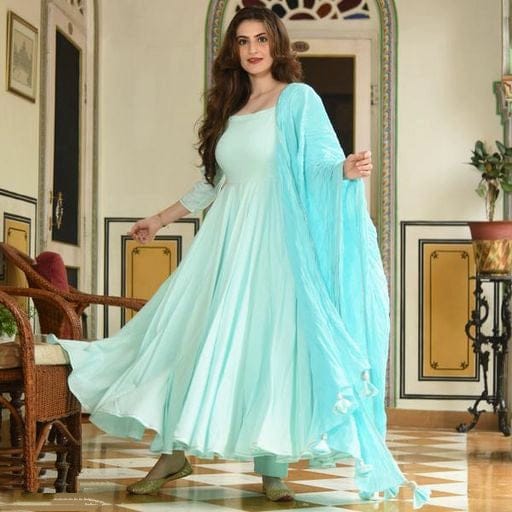 Women Aqua Anarkali Kurta Set with Dupatta